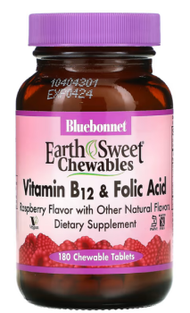 Bluebonnet Nutrition EarthSweet Chewables Vitamin B-12 & Folic Acid (витамин B-12 и фолиевая кислота) малина 180 жевательных таблеток