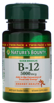 Nature's Bounty B-12 (Витамин B-12) натуральная вишня 5000 мкг 40 быстрорастворимых таблеток