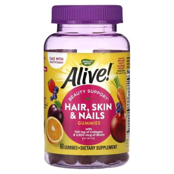 Nature's Way, Alive! HAIR, SKIN, NAILS (добавка с коллагеном и биотином для волос, кожи и ногтей, со вкусом клубники) 60 таблеток