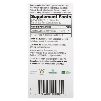 Enzymedica Apple cider vinegar (Яблочный Уксус) 60 капсул