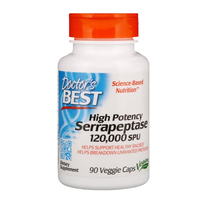 Doctor's Best High Potency Serrapeptase (Сильнодействующая Серрапептаза) 120 000 SPU 90  капсул, срок годности 07/2026