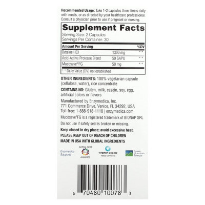 Enzymedica Betaine HCL (Быстродействующий бетаин гидрохлорид) 60 капсул