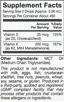 California Gold Nutrition Vitamin D3+K2 (витамины D3 и K2) 25 мкг 1000 МЕ 30 мл