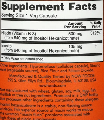 NOW Flush-Free Niacin Double Strength (Ниацин без покраснений Двойная Сила) 500 мг 90 вег. капсул