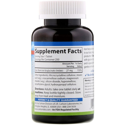 Carlson Labs Chelated Iron (Хелатированное железо) 250 таблеток