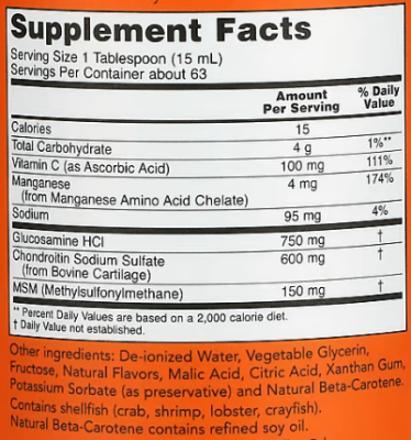 NOW Liquid Glucosamine & Chondroitin with MSM (Жидкий глюкозамин и хондроитин с МСМ) 946 мл