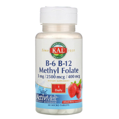 KAL B-6 B-12 Methyl Folate (витамины В6 В12 и метилфолат) ягодное ассорти 3 мг / 2500 мкг / 400 мкг 60 микротаблеток