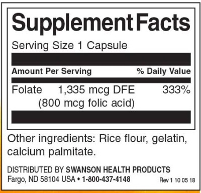 Swanson Folic Acid (Фолиевая кислота) 800 мкг 250 капсул