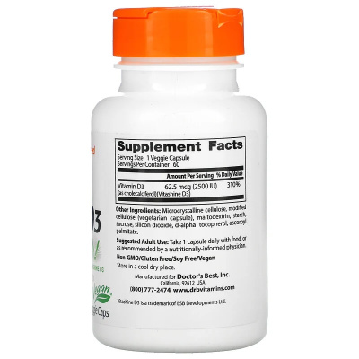 Doctor's Best Vegan D3 with Vitashine D3 (Веганский витамин D3) 2500 МЕ 60 вегетарианских капсул