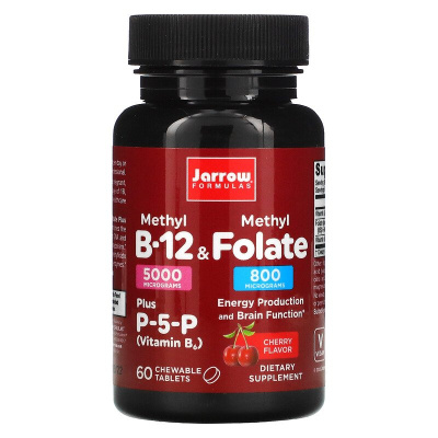 Jarrow Formulas Methyl B-12 & Methyl Folate (метил B12 и метилфолат) вкус вишни 5000 мкг/800 мкг 60 жевательных таблеток