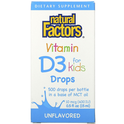 Natural Factors Vitamin D3 Drops for Kids (Витамин D3 в каплях для детей) без ароматизаторов 10 мкг (400 МЕ) 15 мл