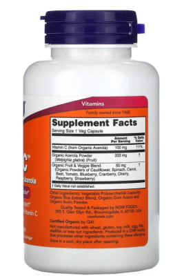 NOW Tru-C Made with Organic Acerola (Витамин С из органической Ацеролы) 60 вег. капсул