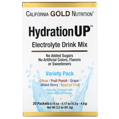 California Gold Nutrition HydrationUP Electrolyte Drink Mix Variety Pack (Смесь для напитков с электролитом) разные вкусы 20 пакетов (4.2 g)