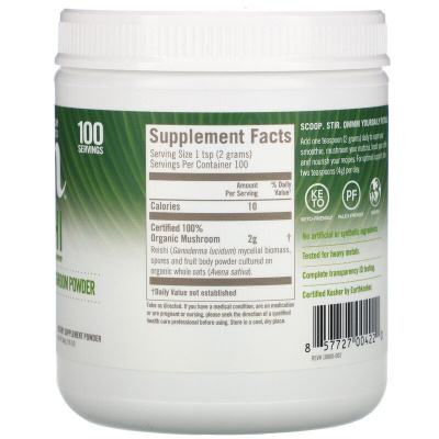 Om Mushrooms Reishi Certified 100% Organic Mushroom Powder (рейши сертифицированный 100% органический грибной порошок) 200 г