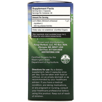 Fungi Perfecti Host Defense Lion's Mane Memory & Nerve Support (Ежовик гребенчатый поддержка памяти и нервной системы) 60 капсул