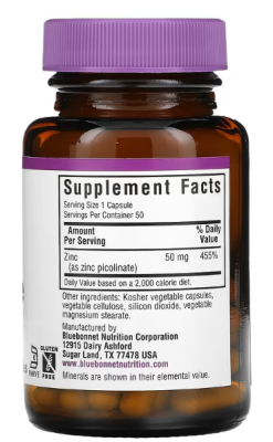 Bluebonnet Nutrition Zinc Picolinate (Пиколинат цинка) 50 мг 50 вег капсул
