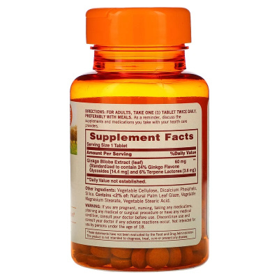 Sundown Naturals Ginkgo Biloba (Гинкго билоба) 60 мг 100 таблеток