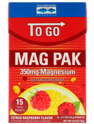 Trace Minerals Mag Pak To Go Magnesium Powder (порошок магния) со вкусом цитрусовой малины 350 мг 15 упаковок