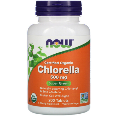 NOW Certified Organic Chlorella (Сертифицированная органическая хлорелла) 500 мг 200 таблеток