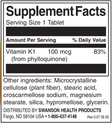 Swanson Vitamin K-1 (Витамин К-1) 100 мкг 100 таблеток