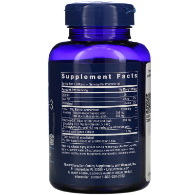 Life Extension Super Omega-3 EPA/DHA Fish Oil Sesame Lignans & Olive Extract 60 капсул