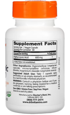 Doctor's Best Alpha-Lipoic Acid (альфа-липоевая кислота) 600 мг 60 вегетарианских капсул