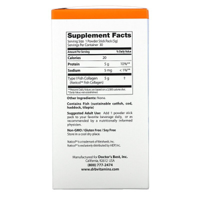 Doctor's Best Fish Collagen with Naticol (рыбий коллаген с Naticol) 30 пакетиков-стиков по  5 г с порошком