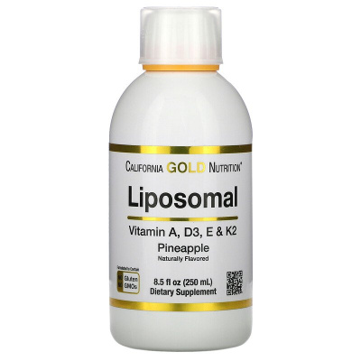 California Gold Nutrition Liposomal Vitamin A, D3, E & K2 (липосомальные витамины A D3 E и K2) со вкусом натурального ананаса 250 мл