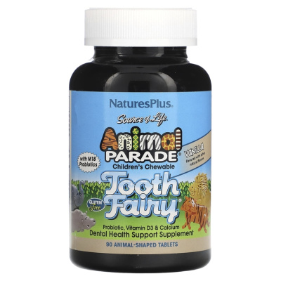 NaturesPlus Animal Parade Tooth Fairy (детский жевательный пробиотик от зубной феи с пробиотиками M18) натуральный вкус ванили 90 таблеток