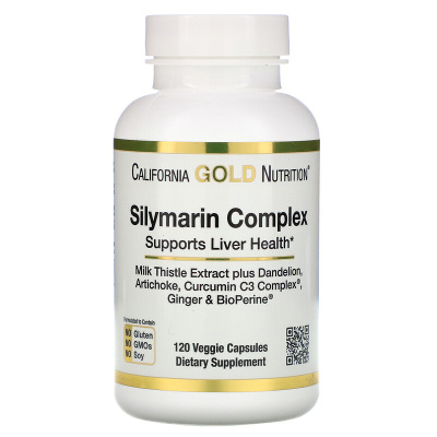 California Gold Nutrition Silymarin Complex (Силимариновый комплекс здоровье печени расторопша куркумин артишок одуванчик имбирь черный перец) 300 мг 120 капсул