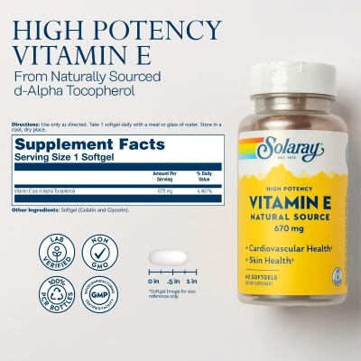 Solaray Vitamin E D-Alpha Tocopherol (Витамин Е D-Альфа-Токоферол) 1000 МЕ 60 гелевых капсул
