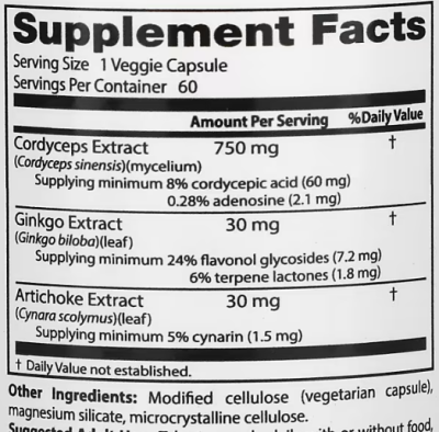 Doctor's Best Ultra Cordyceps Plus with Ginkgo Biloba and Artichoke Extracts (Кордицепс с экстрактами гинкго билоба и артишока) 60 растительных капсул