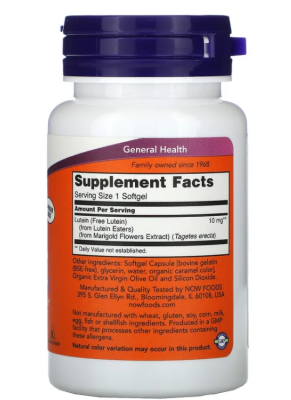 NOW Lutein (Лютеин) 10 мг 60 капсул