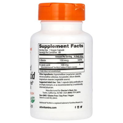 Doctor's Best Stabilized R-Lipoic Acid with BioEnhanced Na-RALA (стабилизированная R-липоевая кислота с BioEnhanced Na-RALA) 100 мг 60 капсул