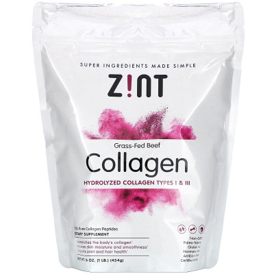 Zint Grass-Fed Beef Collagen Hydrolyzed Collagen Types I & III (Говяжий коллаген от коров на травяном откорме гидролизованный коллаген типов I и III) 454 г