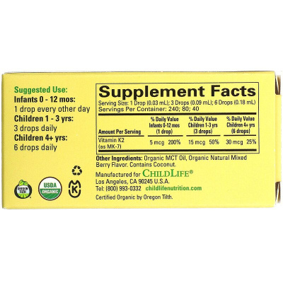 ChildLife Organic Vitamin K-2 (органический витамин K2 в каплях) натуральный ягодный вкус 5 мкг 7,5 мл