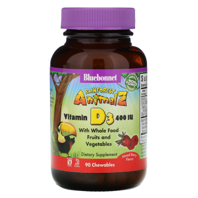 Bluebonnet Nutrition Rainforest Animalz Vitamin D3 (витамин D3) с натуральным ягодным вкусом 400 МЕ 90 жевательных таблеток