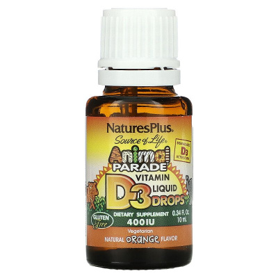 NaturesPlus Source of Life Animal Parade Vitamin D3 Liquid Drops (витамин D3 в жидких каплях) c натуральным апельсиновым вкусом 400МЕ 10 мл