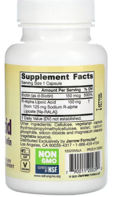 Jarrow Formulas R-Alpha Lipoic Acid + Biotin (R-альфа-липоевая кислота + биотин) 60 растительных капсул