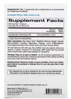 Lake Avenue Nutrition Digestive Support Probiotic Probiotic & Prebiotic Blend 20 Billion CFUs (Пробиотик для поддержки пищеварения смесь пробиотиков и пребиотиков, 20 миллиардов КОЕ) 30 вег капсул