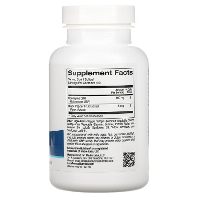 Lake Avenue Nutrition CoQ10 Plus BioPerine (Коэнзим Q10 и экстракт плодов черного перца) 100 мг 150 капсул