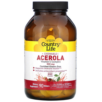 Country Life Chewable Acerola Vitamin C Complex (ацерола в жевательной форме комплекс витамина C) со вкусом ягод 500 мг 90 жевательных таблеток