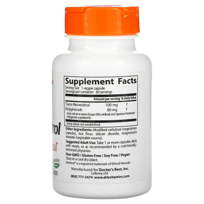 Doctor's Best Trans-Resveratrol 100 with ResVinol (транс-ресвератрол 100 с ResVinol) 100 мг 60 вегетарианских капсул
