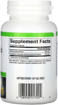Natural Factors Betaine Hydrochloride with Fenugreek (бетаина гидрохлорид с пажитником) 500 мг 90 вег капсул