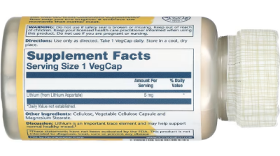 Solaray Lithium Aspartate (Аспартат лития) 5 мг 100 капсул