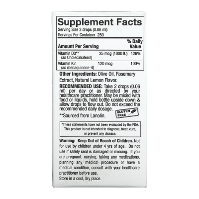 Nature's Answer Vitamin D3 & K2 (витамины D3 и K2) 25 мкг (1000 МЕ) и 120 мкг 15 мл (0,5 жидк. унций)