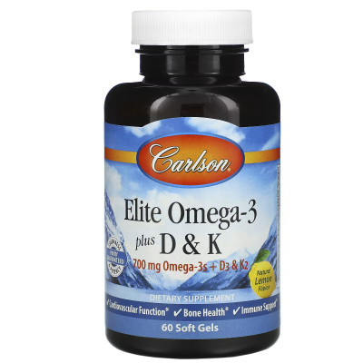 Carlson Elite Omega-3 с витаминами D и K (вкус лимона) 60 softgel