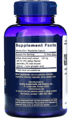 Life Extension Ginkgo Biloba Certified Extract (Гинкго билоба, сертифицированный экстракт) 120 мг 365 вег капсул