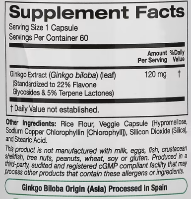 California Gold Nutrition Ginkgo Biloba Extract EuroHerbs (Гинко Билоба)120 мг 60 вег. капсул