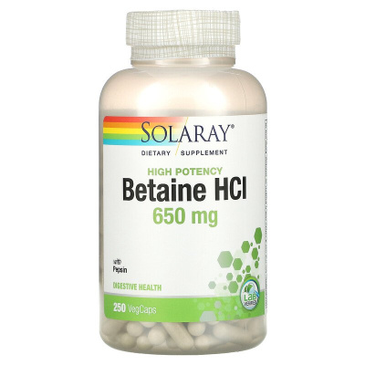 Solaray High Potency Betaine HCl with Pepsin (высокоэффективный бетаина гидрохлорид с пепсином) 650 мг 250 капсул
